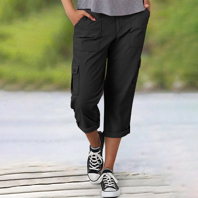 Multi-Pocket Solid Color Casual Cargo Capri Pants